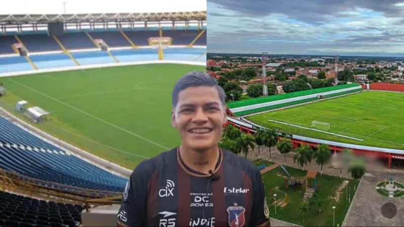Lado izquierdo, estadio Nacional de Maturín, en el centro, Jorge Lovera, boliviano del Monagas de Venezuela. Al lado derecho, el estadio Gilberto Parada de Montero, más conocido como la Caldera del Diablo. Foto: Internet.