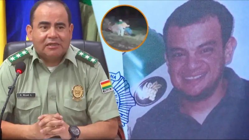 El coronel Rolando Rojas, comandante departamental de la Policía de Santa Cruz. FOTO: NTV/RED UNO. Composición CHMF.