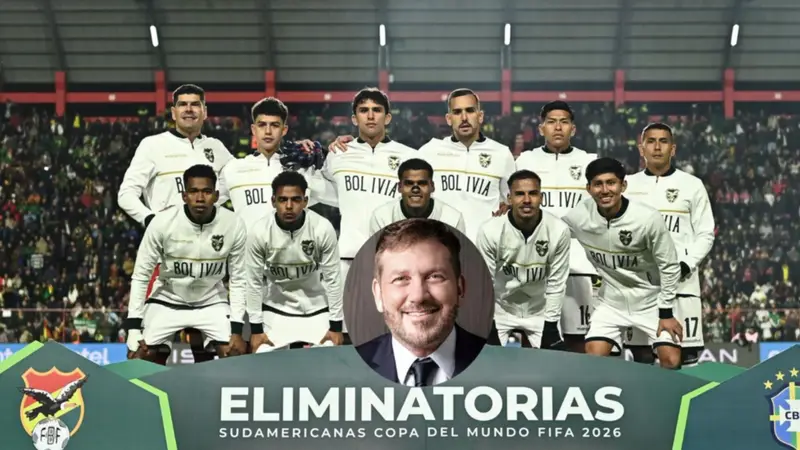 Selección boliviana antes del partido contra Brasil, en el círculo Alejandro Domínguez presidente de la Conmebol. Foto: Internet.