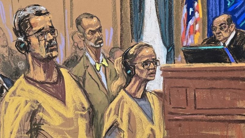 A drawing by artist Jane Rosenberg depicting Venezuela’s ousted president Nicolás Maduro and his wife Cilia Flores listening to federal judge Alvin Hellerstein (right), next to their attorney Mark Donnelly (behind them), during a hearing held in New York, United States. EFE/Jane Rosenberg